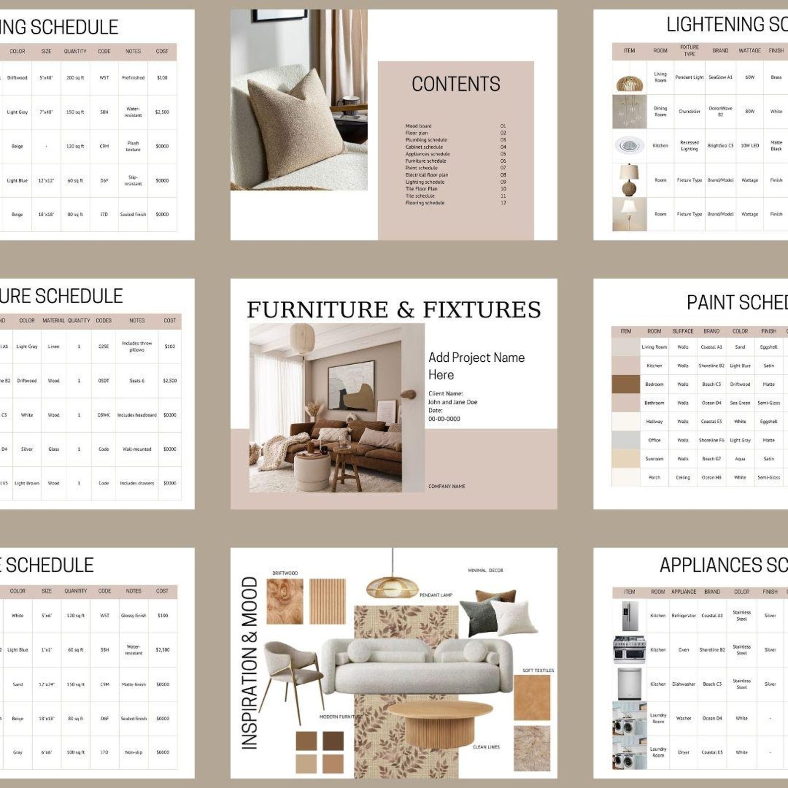 Interior Designer FF&E Schedule Template (canva), Mood Board, 15 Pages ...