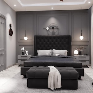 May include: A black upholstered bed with a tall headboard and a black footboard. The bed has a black and white patterned throw blanket on it. The bed is in a bedroom with grey walls and white curtains.