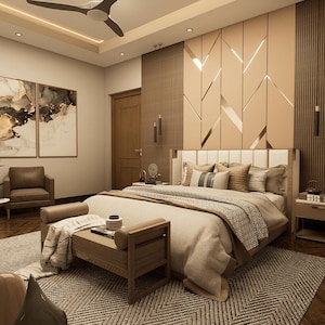 May include: A modern bedroom with a large bed, decorative pillows, and a neutral color palette. The room features abstract art, a bench at the foot of the bed, and a patterned rug. The walls have geometric and vertical paneling.