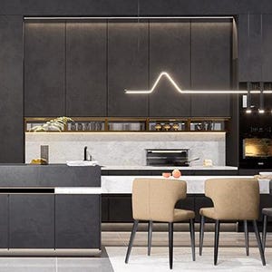 May include: A modern kitchen with dark grey cabinets, a white countertop, and a black and stainless steel oven. There are four chairs around a table in the centre of the room.