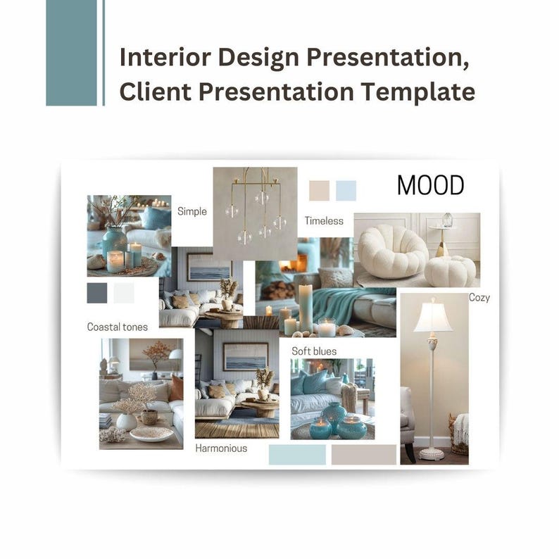 Op de afbeelding: Moodboard voor interieurontwerp met afbeeldingen van verschillende kamers en meubels. Het bord is verdeeld in secties met de labels "Eenvoudig", "Tijdloos", "Kustkleuren", "Zachte blauwtinten", "Harmonisch" en "Gezellig".