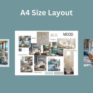 Op de afbeelding: Een moodboard voor een woonkamerontwerp met een kustthema. Het bord bevat afbeeldingen van een woonkamer met een blauwe bank, een witte fauteuil, een staande lamp en een kroonluchter. Het bord bevat ook een kleurenpalet van zachte blauwtinten, kusttinten en neutrale kleuren. De tekst op het bord luidt "MOOD", "Simple", "Timeless", "Harmonious", "Soft blues", "Coastal tones", en "Cozy".