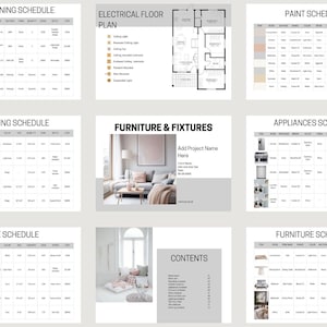 Plantilla de cronograma de muebles, accesorios y acabados para diseño de interiores para diseñadores de interiores - Plantillas de cronograma de FF&E - Tablero de estado de ánimo de diseño