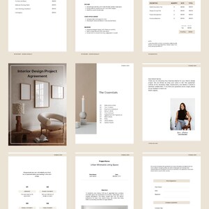 Pode incluir: Uma coleção de documentos de design de interiores, incluindo acordos de projeto, listas de verificação essenciais e propostas de projeto. Os documentos apresentam um design minimalista com uma paleta de cores neutras e tipografia elegante. A imagem inclui uma foto de um designer.