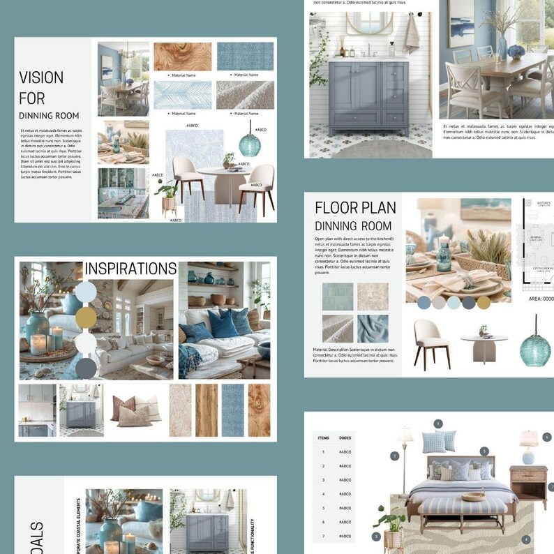 Op de afbeelding: Een moodboard voor een eetkamerontwerp met een kustthema. Het bord bevat inspiratiebeelden, stofstalen en een plattegrond. De tekst op het bord luidt "Visie voor eetkamer" en "Inspiraties".