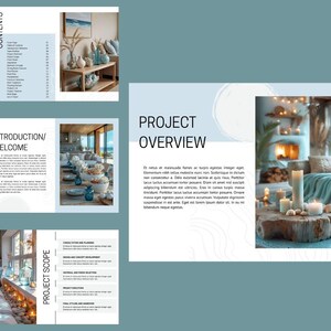 Op de afbeelding: Een project-overzichtdia met een lichtblauwe achtergrond en een witte cirkel in de rechterbovenhoek. De tekst "PROJECT OVERVIEW" staat in een groot, vet lettertype. De tekst hieronder beschrijft het project in detail. De afbeelding rechts toont een open haard met kaarsen en een houten tafel.