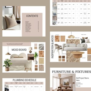 Plantilla de calendario de diseño de interiores para muebles, accesorios y acabados - Plantillas de calendario de FF&E - Tablero de ideas de diseño