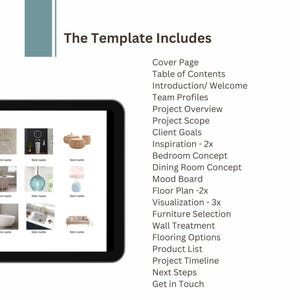 Op de afbeelding: Een laptopscherm dat een sjabloon voor interieurontwerpprojecten weergeeft. De sjabloon bevat een voorblad, een inhoudsopgave, een inleiding, team profielen, een project overzicht, de project scope, klantdoelen, inspiratie, een slaapkamerconcept, een eetkamerconcept, een moodboard, een plattegrond, visualisatie, meubelkeuze, wandbehandeling, vloeropties, een productlijst, een project tijdlijn, de volgende stappen en contactgegevens. Het scherm toont ook een raster met negen afbeeldingen van verschillende interieurontwerpelementen.