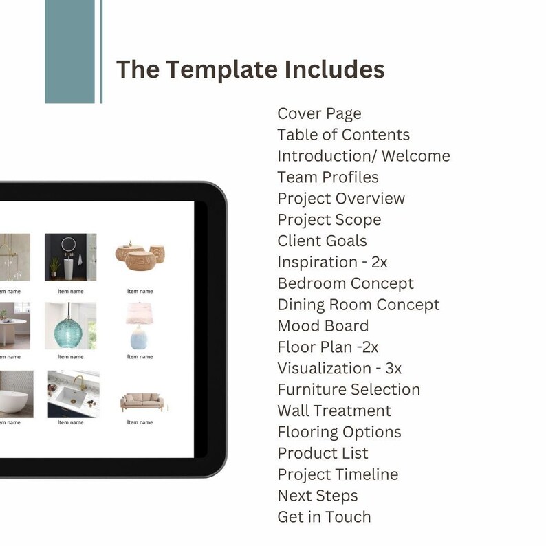 Op de afbeelding: Een laptopscherm dat een sjabloon voor interieurontwerpprojecten weergeeft. De sjabloon bevat een voorblad, een inhoudsopgave, een inleiding, team profielen, een project overzicht, de project scope, klantdoelen, inspiratie, een slaapkamerconcept, een eetkamerconcept, een moodboard, een plattegrond, visualisatie, meubelkeuze, wandbehandeling, vloeropties, een productlijst, een project tijdlijn, de volgende stappen en contactgegevens. Het scherm toont ook een raster met negen afbeeldingen van verschillende interieurontwerpelementen.
