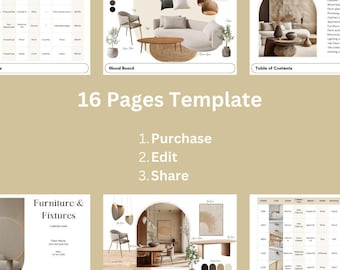 Modelo de design de interiores FFE Finishes, cronograma de acabamentos e ferragens para móveis, modelo editável do Canva, quadro de humor de design, quadro de materiais