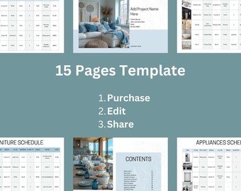 Plantilla editable de FF&E para diseño de interiores, plantilla de cronograma de acabados y accesorios de muebles para diseñador de interiores, tablero de estado de ánimo para diseño de interiores