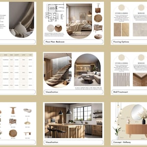 Könnte beinhalten: Ein Moodboard für ein Wohnungs-Innendesignprojekt. Das Board enthält einen Grundriss, eine Visualisierung einer Treppe, Küche, Flur und Schlafzimmer. Das Board enthält auch Optionen für Bodenbeläge und Wandbehandlungen.