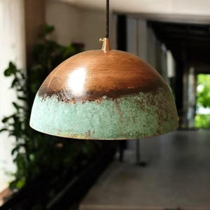 Handmade Copper Pendant Light: Green Patina Dome, Rustic Farmhouse Lighting