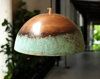 Handmade Copper Pendant Light Green Patina, Oxidized Dome Ceiling Light, Solid Rustic Copper Farmhouse Kitchen Island Light Fixture