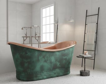 Handmade Oxidized Copper Bathtub: Rustic Green Patina Soaking Tub