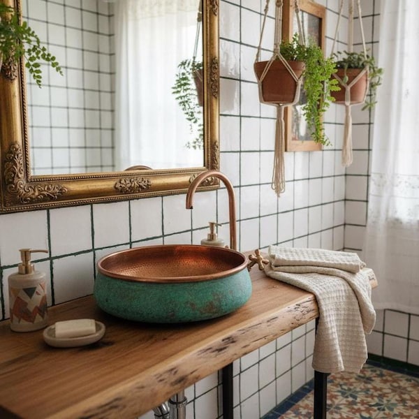 Handmade Hammered Copper Sink: Green Patina Oxidized Washbasin