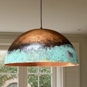 Handmade Oxidized Copper Dome Pendant Light: Green Patina Finish