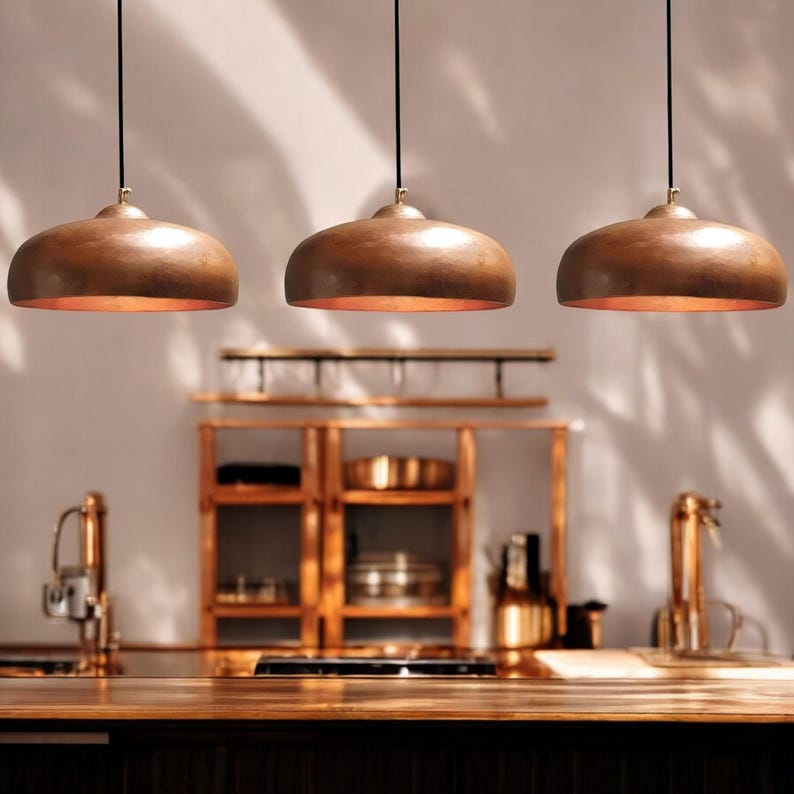 Set of 3 Handmade Copper Pendant Lights: Rustic Kitchen Island Lighting ...