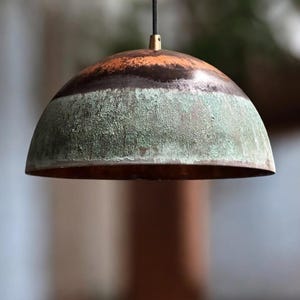 Handmade Copper Pendant Light: Green Patina Dome, Rustic Farmhouse Lighting