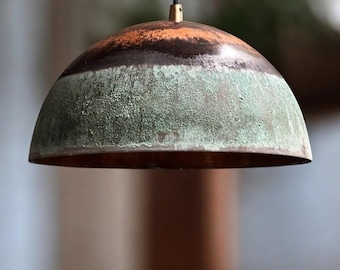 Handmade Copper Pendant Light Green Patina, Oxidized Dome Ceiling Light, Solid Rustic Copper Farmhouse Kitchen Island Copper Light Fixture