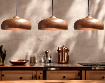 Set of 3 Handmade Copper Pendant Lights: Rustic Kitchen Island Lighting
