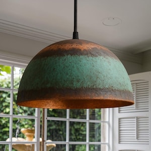 Handmade Rustic Copper Pendant Light: Patina Dome Lamp