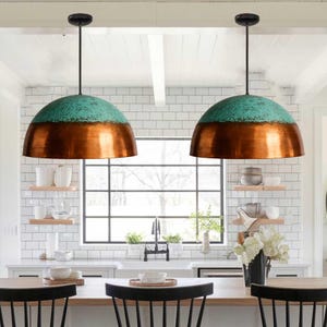 Handmade Copper Pendant Light Set: Green Patina Rustic Kitchen Lighting