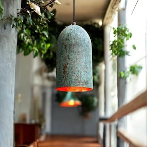 Green Patina Farmhouse Light Fixture, Oxidized Copper Kitchen Island Ceiling Lights, Long Oxidized Copper Pendant Lamp, Copper Pendant Light
