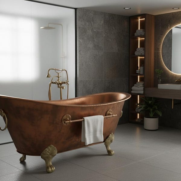 Handmade Copper Clawfoot Bathtub: Rustic Patina Finish, Soaking Tub