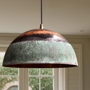 Handmade Rustic Copper Pendant Light: Green Patina Dome Ceiling Lamp