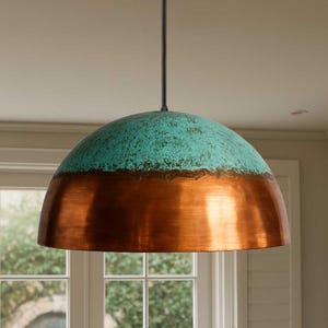 Handmade Copper Pendant Light: Green Patina Dome, Rustic Kitchen Island Lighting