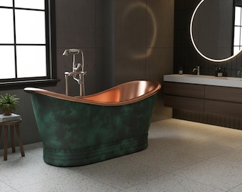 Handmade Oxidized Copper Bathtub: Rustic Green Patina Soaking Tub