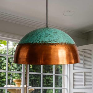 Handmade Copper Pendant Light: Green Patina Oxidized Dome