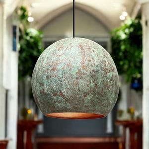 Oxidized Dome Ceiling Light, Vintage Copper Round Pendant Light, Green Patina Copper Hanging Light Fixture, copper pendant lights fixture