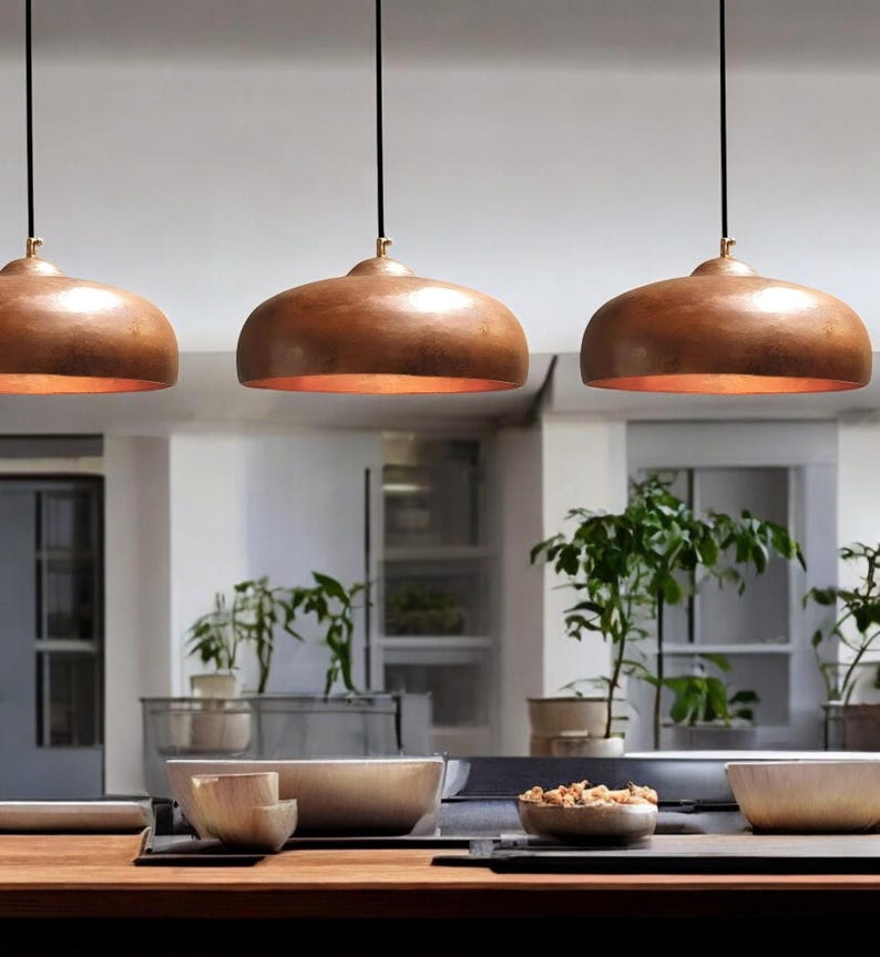 Set of 3 Handmade Copper Pendant Lights: Rustic Kitchen Island Lighting ...
