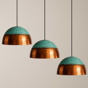 Handcrafted Copper Pendant Light Set: Oxidized Green Patina, Farmhouse Kitchen Lighting