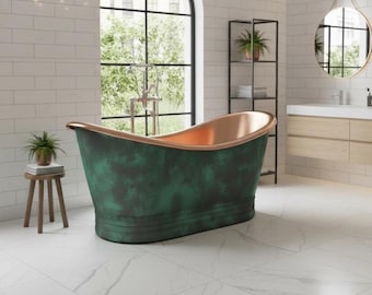 Handmade Oxidized Copper Bathtub: Rustic Green Patina Soaking Tub