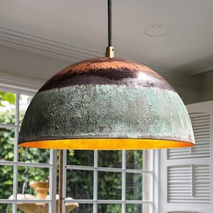 Handmade Copper Pendant Light: Rustic Green Patina Dome Lamp