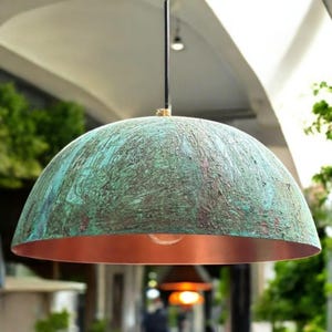 Oxidized Green Patina Copper Pendant Light, Handmade Dome Ceiling Light, Solid Verdigris Copper Farmhouse Kitchen Island Light Fixture