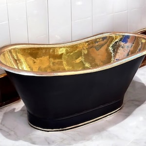 Handmade Brass Freestanding Bathtub: Black Exterior Soaking Tub