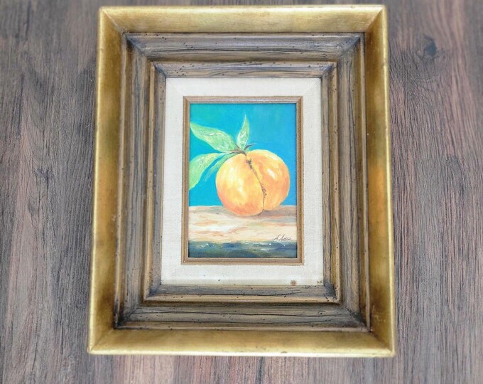 Vtg Original Still Life Oil Painting In Ornate Gilt Wood Frame Peach Signed OOAK