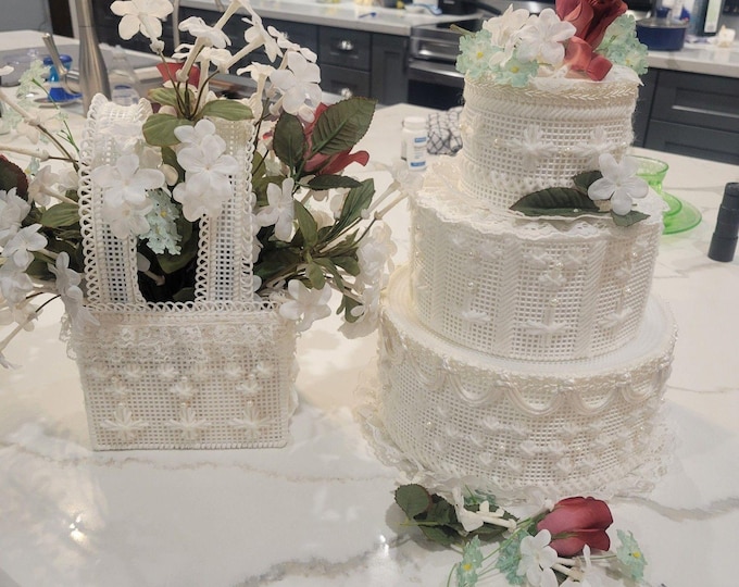 Vintage Plastic Canvas Celebrations 3 tiered wedding cake and basket set floral