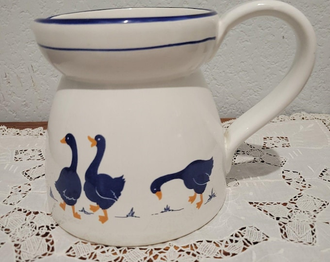 Vintage Cream white milk pitcher small Blue Geese Cottage Grandma Goose Ceramic
