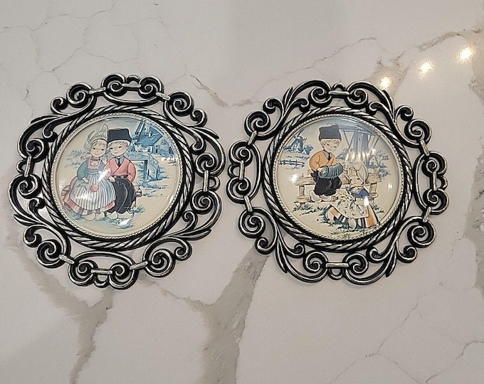 Set of 2 Vtg Dutch Children prints in Plastic Bubble Frames with metallic finish
