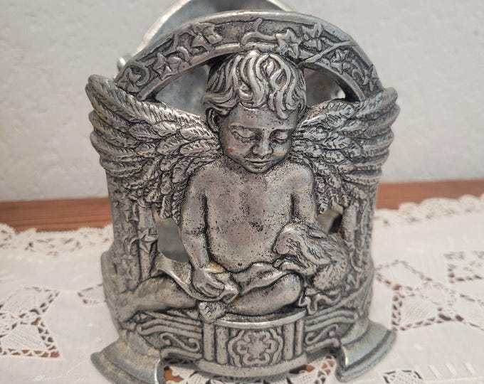 Vtg Carson 1999 Pewter Candle Holder Cherub Angel Rabbit Bunny 5 x 4.5" Medieval