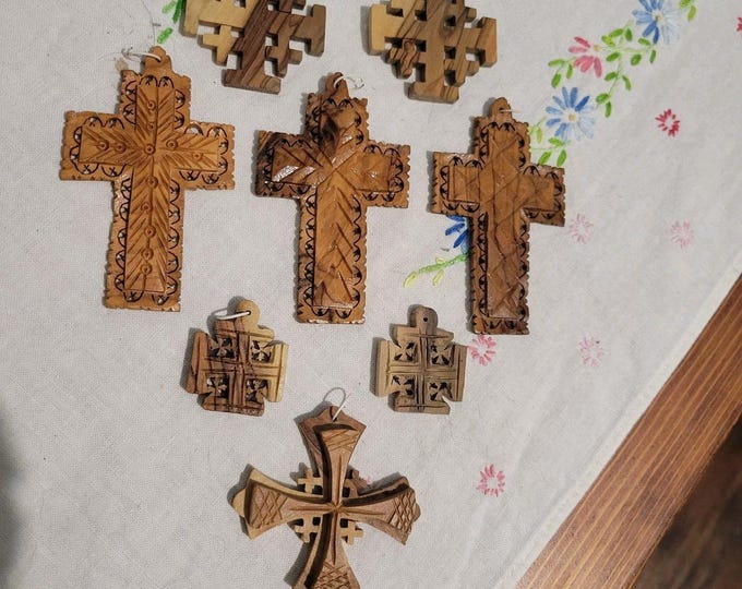 Lot of 8 Olive Wood Crosses pendants ornaments Jerusalem Bethlaham Holy Land