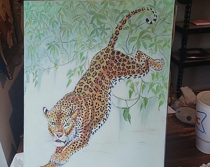 Vtg 70s Leaping Leopard on Canvas Painting Art - 14"x 18" Signed Kitty Meeks ACY