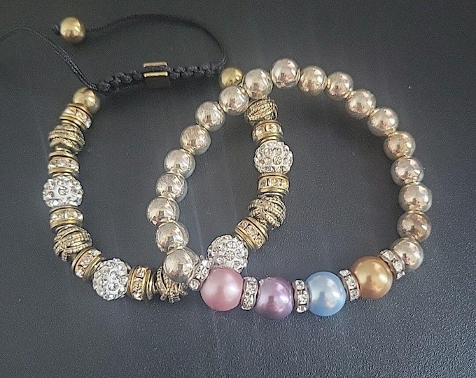 2 Beaded Bracelets With Crystals/rhinestones Burnished Gold Tone & Silver Tone