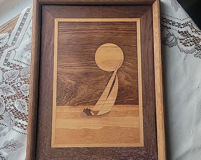 Vtg MCM Wood Marquetry Inlay Wall Art Sailboat Sun on Ocean USA Rosewood walnut