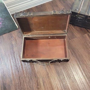 Vintage Style Decorative Wood & Leather Storage Trunks Suitcase Pair Brown Stack image 6